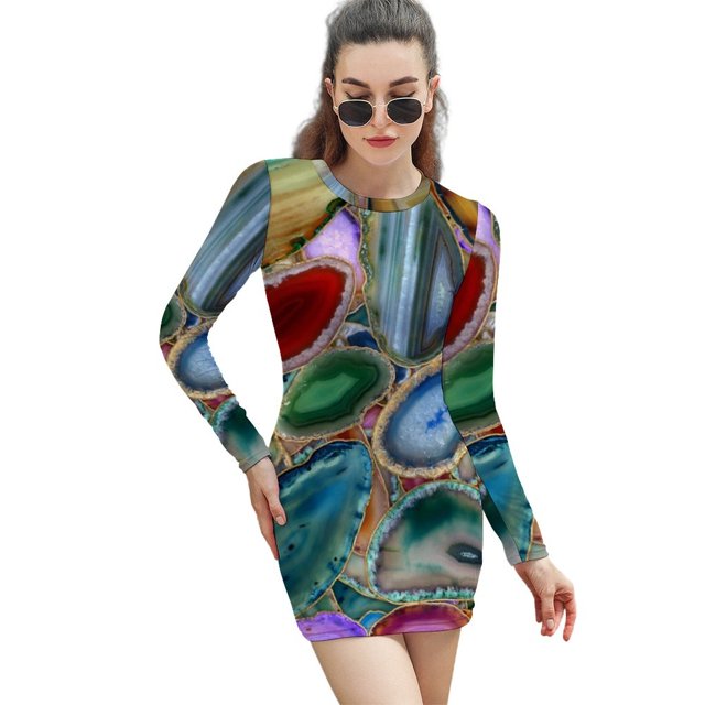 Robe à Motif Cristal-Multicolore Col Carré Robe d'Été Douce Femmes Élégante Robe à Imprimé Halter Géode Géode Cristal