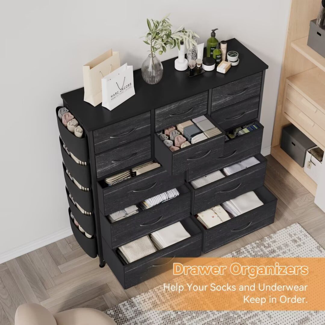 Dresser for Bedroom with 12 Drawers, Wide Fabric Dressers of Drawers with Side Pockets, Chest of Drawers for Living Room, Closet, Hallway, Black