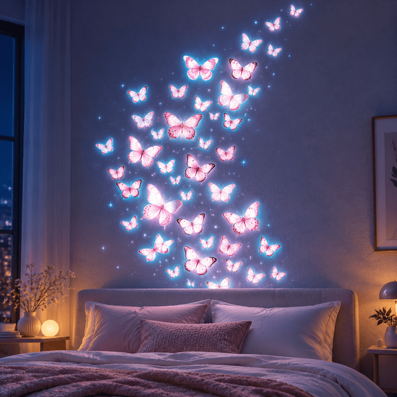 Glow in The Dark Pink Butterfly Wall Decals, Artrylin 3 Sheet Glowing Luminous Watercolor Butterfly Wall Stickers Removable self-Adhesive Butterfly Decals for Girls Bedroom Living Room Decor
