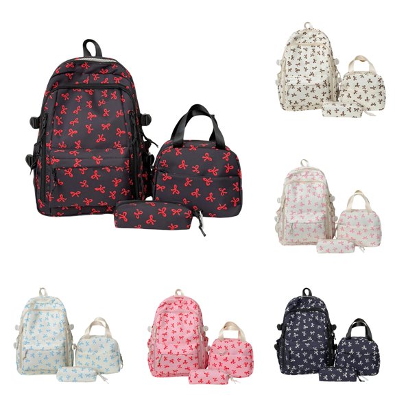 UJNDER Fashion Lightweight Bow Print Backpack 3 Piece Set for Daily Travel School and Casual Use Versatile Stylish Daypack,Black,Mid