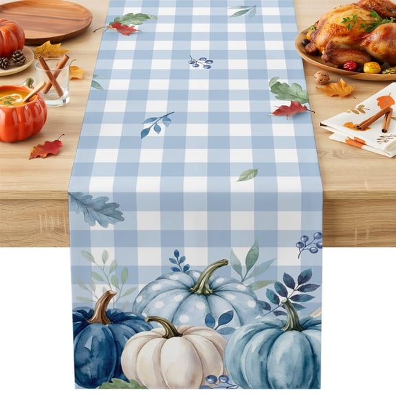 Blue White Pumpkins Fall Table Runner, Thanksgiving Eucalyptus Blue Plaid Washable Cotton Linen Table Runners 60 Inches Long, Dresser Scarf Runner for Coffee/TV Stands/Kitchen/Cabinets 13''x60''