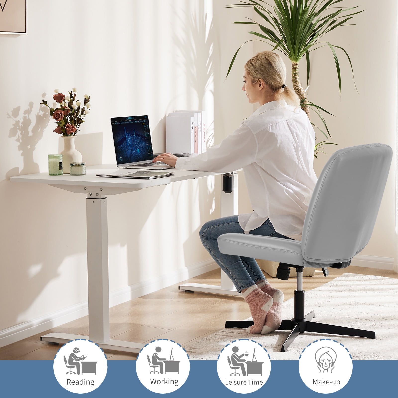 MAYEERTY Armless Criss Cross Chair Office Chair Vanity Chair for Bedroom Office，Gray