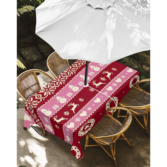 Outdoor Tablecloth with Umbrella Hole, Xmas Snowman Elk Pine Tree Zippered Table Cloth for Rectangle Tables, Christmas Red Stripes Washable Waterproof Tablecloths for Picnic Patio Garden