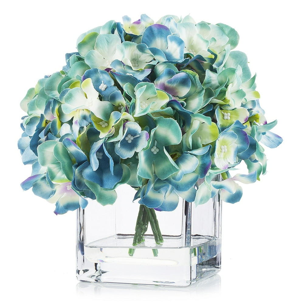 Enova Home Artificial Silk Blue Hydrangea Flower Arrangement in Cube