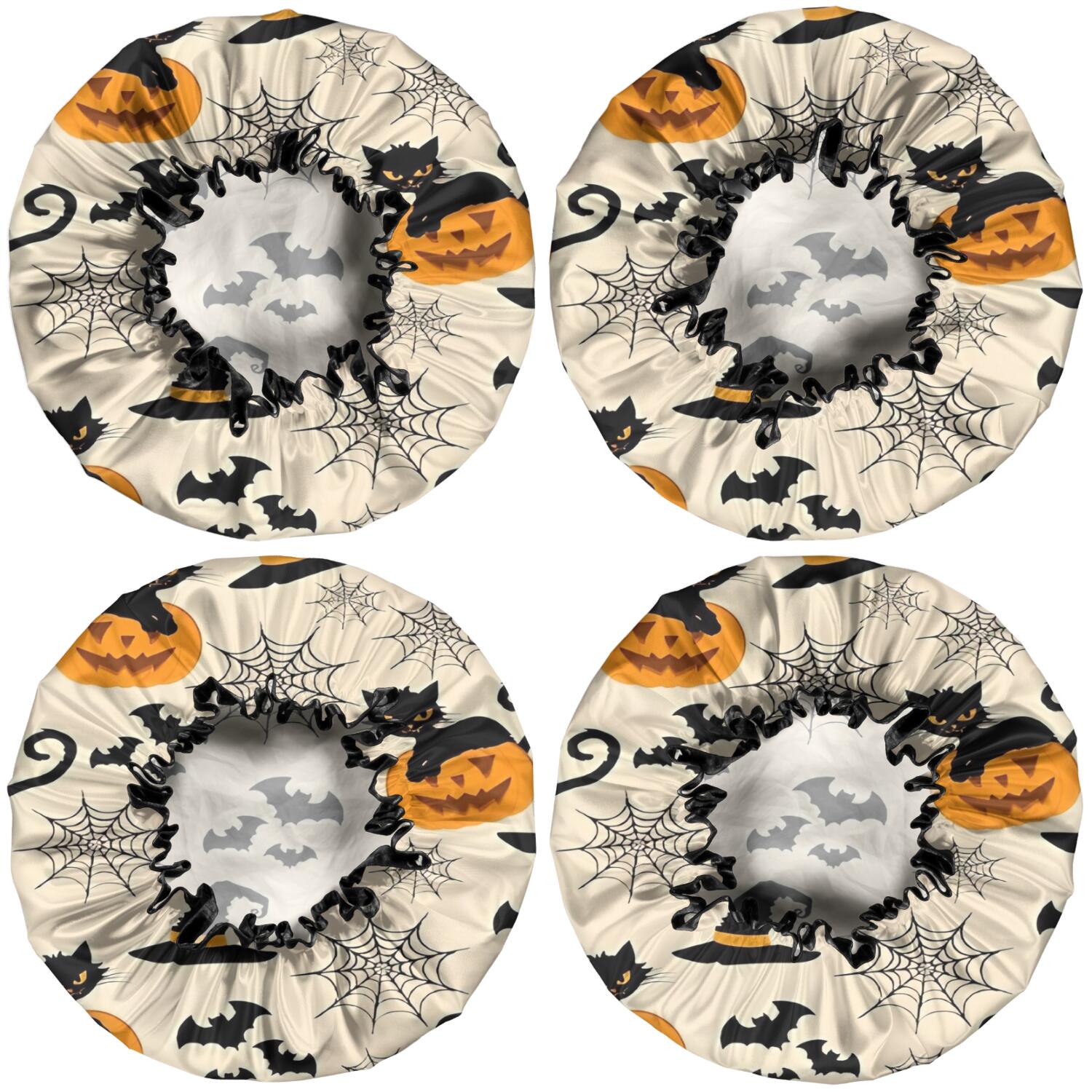 Shower Caps,Black Cat Pumpkin Halloween Pattern Waterproof Shower Cap for Women 4 Pieces,Double Reusable Hair Cover for Shower PEVA Elastic Stretch Hem
