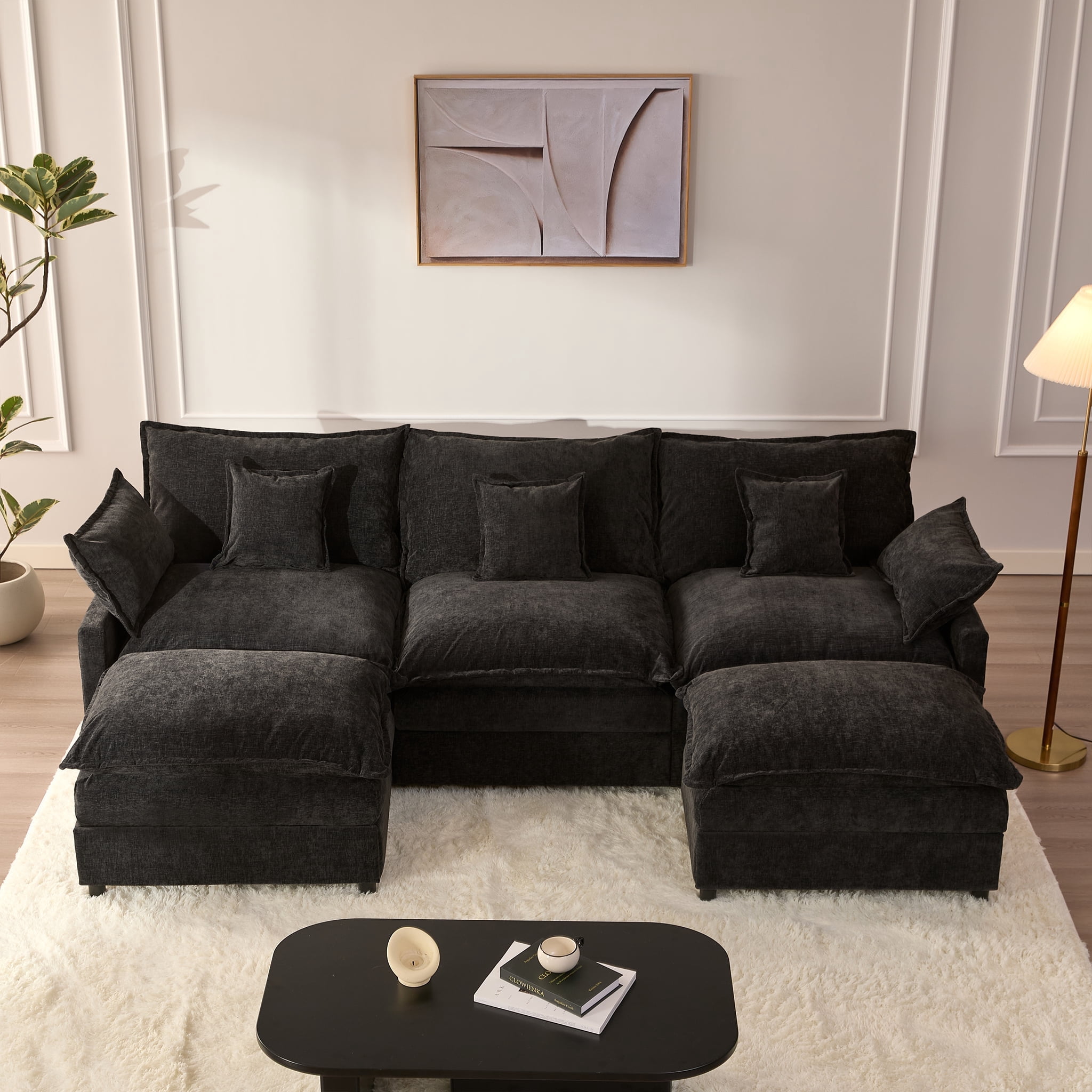 LAKPS 3-Seat Sectional Sofa Couch, Cloud-Style Deep Seating Sleeper Sofa with Included Throw Pillows, Chenille Fabric Upholstery, Modern Living Room Sofa, Black