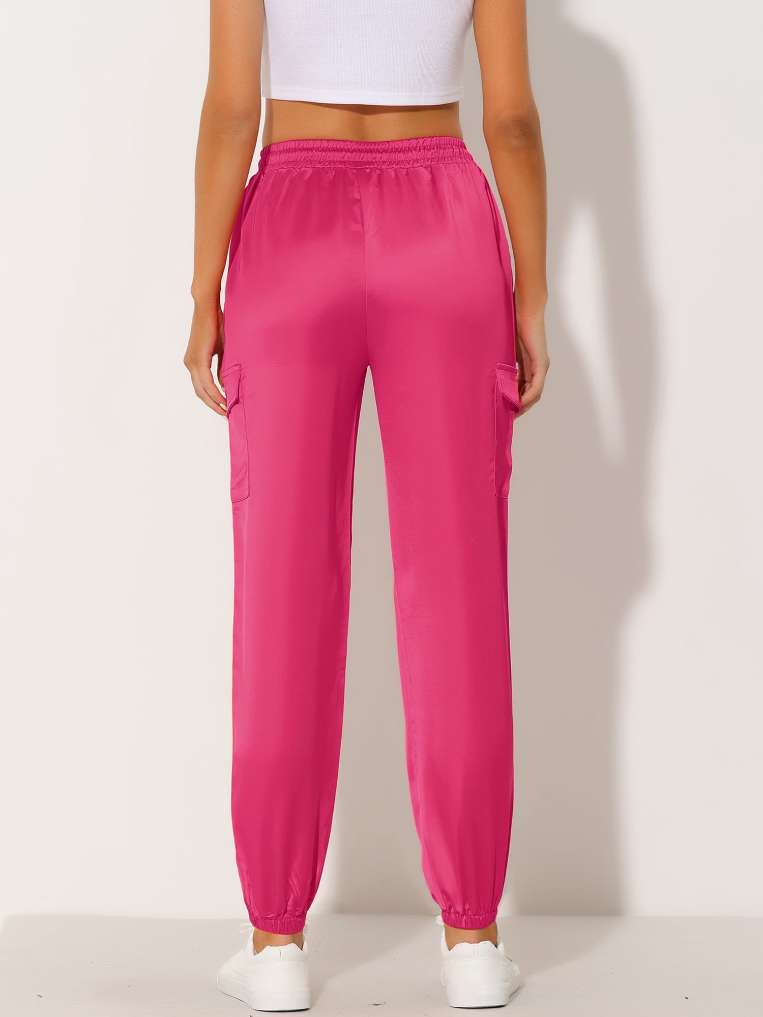 DARING DIVA Women's Drawstring Elastic High Waist Satin Cargo Pants S Rose Red