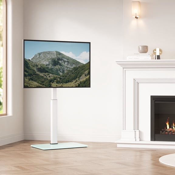 AOKCOS White Swivel Floor TV Stand for up to 65 inch Screens, Height Adjustable Mount