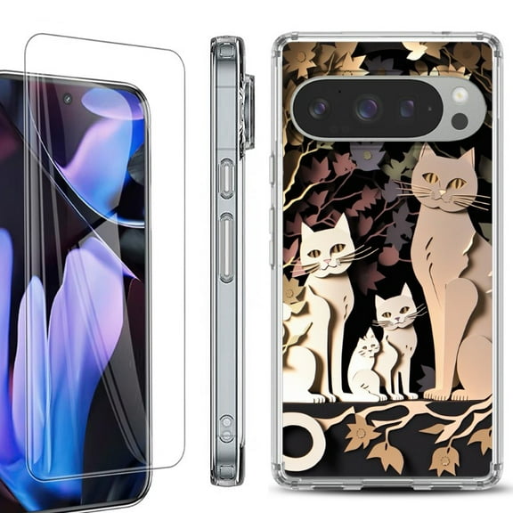 For Google Pixel 9 Pro XL Phone Case Cover, Shockproof Bumper Case with Tempered Glass Screen Protector, by OneToughShield - Cat Craft