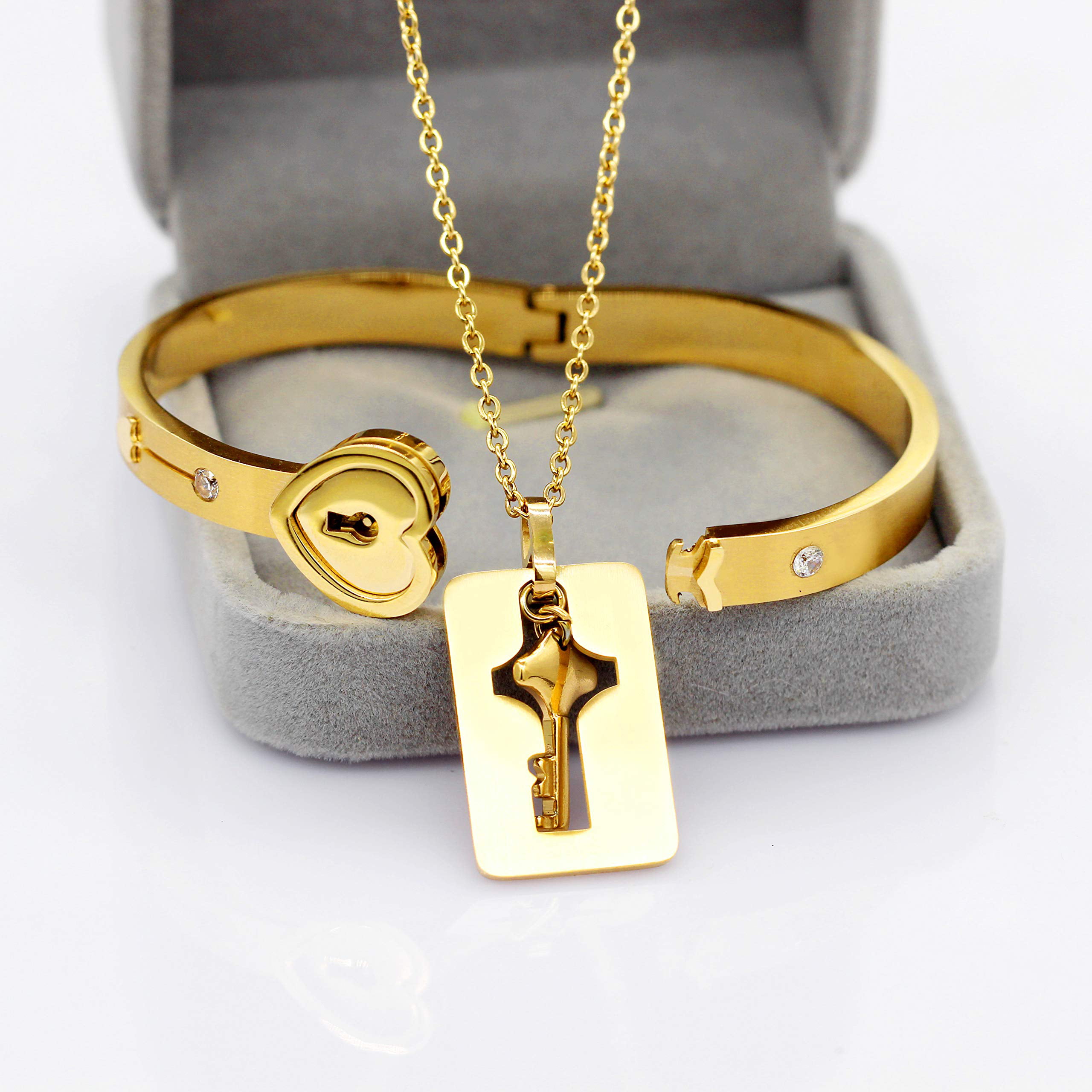 SLPUSH Titanium Heart Love Lock Bracelet with Key Pendant Necklace Steel  Bangle Sets Couple Gifts