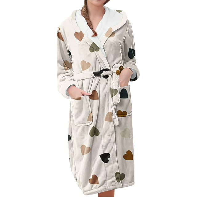 Women's Fleece Plush Robe Long Warm Plush Bathrobe Loungewear Jacket Printed Comfort Robe