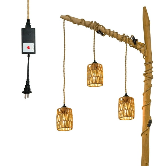 FSLiving Automatically Hanging Swag Lamp no Wiring Needed Portable Twine Natural Rattan Shade 3 Lights Pendant Lighting, 15ft Plug-in Cord by Smart Plug Timer Smart Plant Light for Vaulted Ceiling