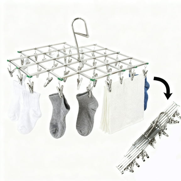 Stainless Steel Socks Drying Rack with 35 Clips,Clothes Drying Hanger,Rustproof Clothes Hanger Washing Line Windproof Hanging for Socks Underwear