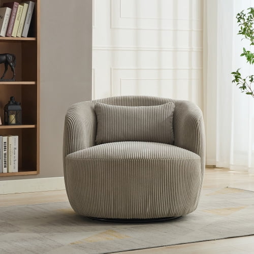 BSHTI 34.25" Wide Upholstered Corduroy 360°Swivel Barrel Soft Accent Chair with Pillow,Circular Reading Armchair for Living Room,Bedroom,Office,Lounge,Light Gray