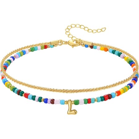 Initial Ankle Bracelets for Women, Layered Colorful Beaded Anklet with 14K Gold Chain Waterproof Dainty Jewelry Gift