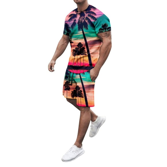 toraway Fashion Mens Suits 2 Piece Check Plaid Suit Oversized T Shirt Set Two Piece Men's Coconut Tree Short Sleeved Top Fashion T Shirt Hawaii Loose Casual Oversized Long Top Style Four XL