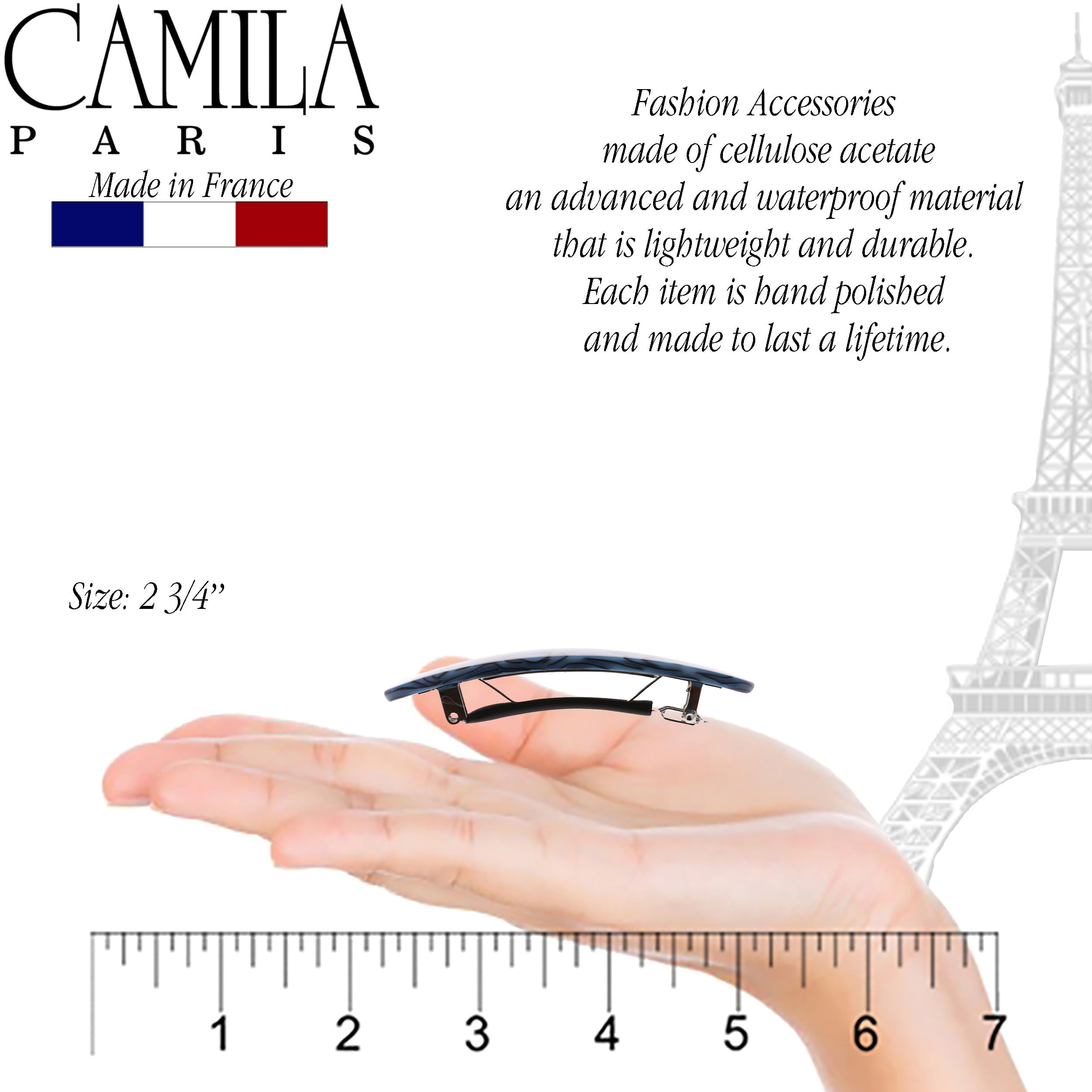 Camila Paris CP2984 French Hair Barrette Clip Handmade Oval Blue, Strong Hold Grip Hair Clips for Women, No Slip Rubberized Metal Closure, Durable Styling Girls Hair Accessories, Made in France