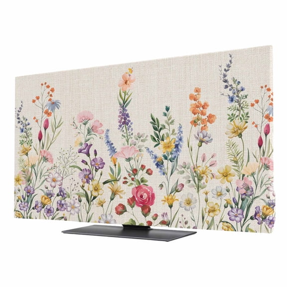Indoor TV Cover 50 Inch, Watercolor Wildflowers Elastic Monitor Dust Covers for Television, Desktop Computer Farmhouse Botanical Flowers Herbs Dustproof Fitted TV Cover for Inside 43.6"L x 24.5"H