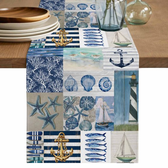 Summer Coastal Table Runner 70 Inches, Nautical Anchor Sailboat Marine Life Vintage Bed Runner Dresser Scarves Tabletop for Indoor Outdoor Parties/Ceremony/Banquet, 13" x 70"