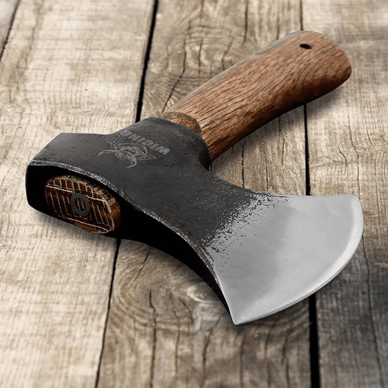 WICING 8" Camping Hatchet, Mini Hand Axe with 1065 Manganese Steel Blade, Beech Wood Handle, Leather Sheath & Sharpening Stone