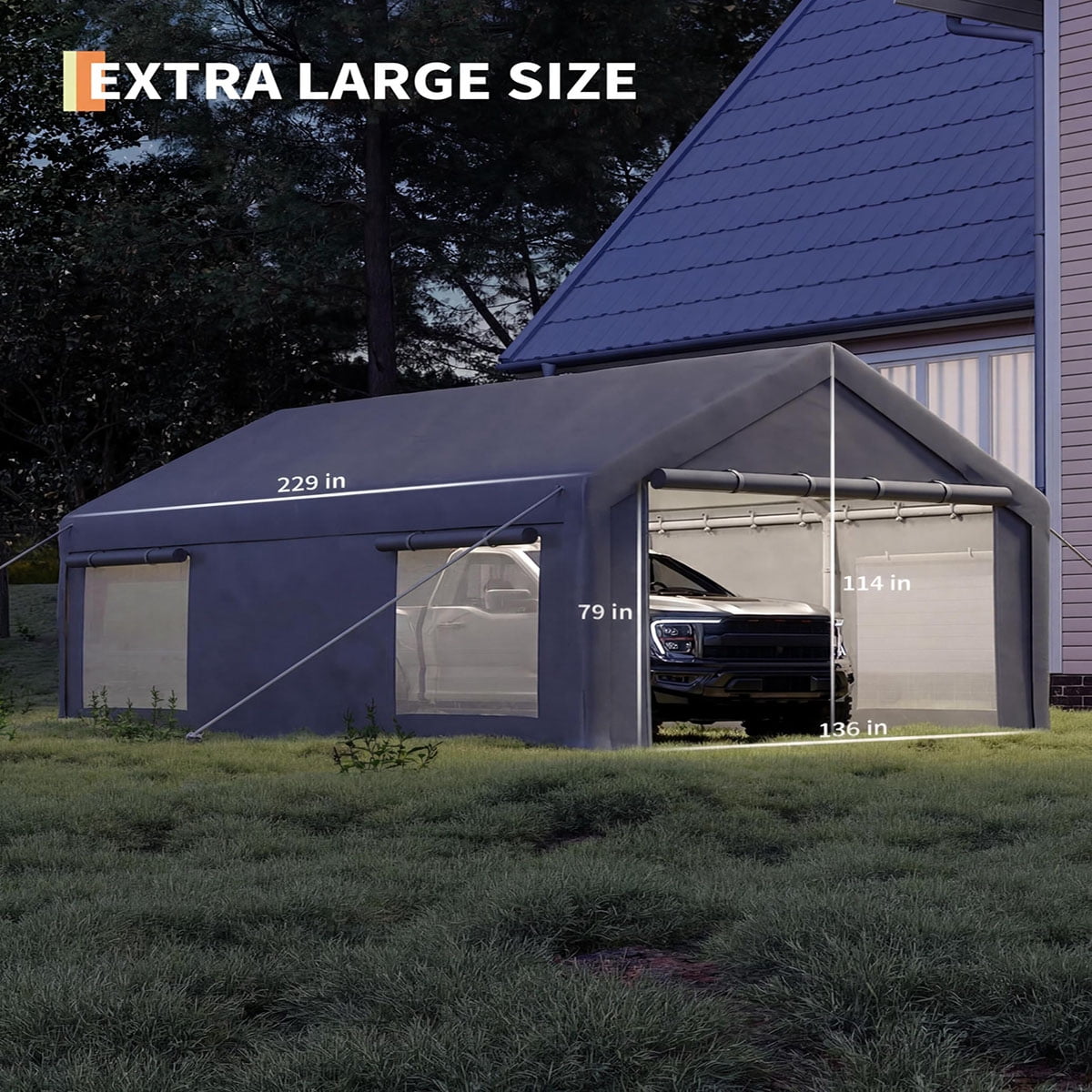Ataucjin 12x20 ft Portable Garage, Car Port with 200 g PE Tarp Canopy, with 2 Roll-Up Doors and 4 Windows, for Temporary Paint Booth, Boats&Pickups Shed, and Event Shelter
