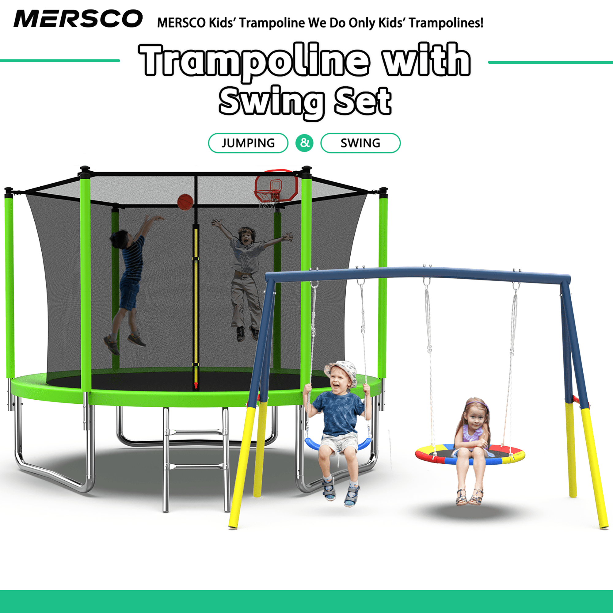 Mersco 10FT Heavy Duty Trampoline with Enclosure Net , Swing Set Outdoor Big Trampoline for Backyard, Kids Trampoline with Basketball Hoop, Birthday and Holiday Gifts for Kids,Green