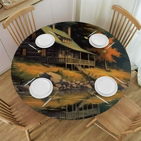 

Autua Mountain Lake Cabin Round Table Cover Stain Resistant Washable Indoor Outdoor Tablecloth Kitchen Dining Wedding Parties 100% Polyester 38 -42