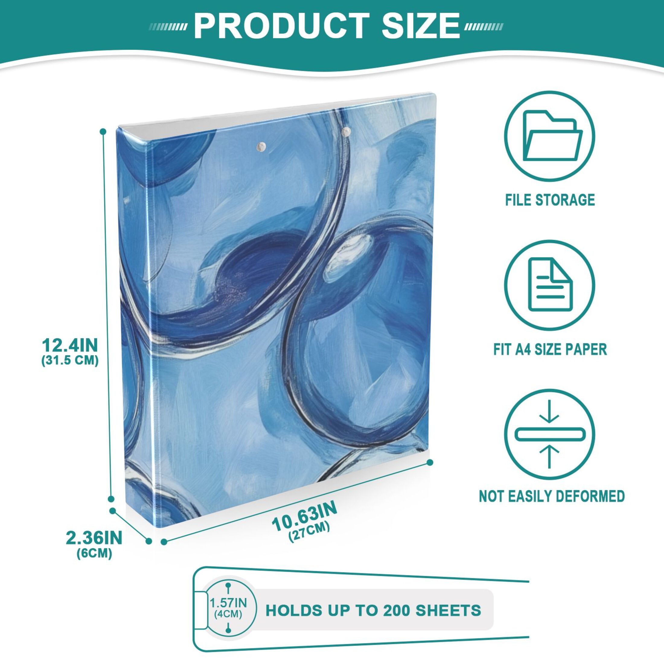 Bubbles Blue 3 Ring Binders 1.5 inch Hardcover File Folders with Interior Pockets A4 Size Organizer for School Office Hospital