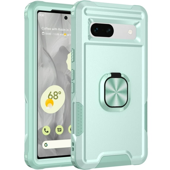 SaniMore for Google Pixel 7A Multi-Functional Case, 3-Layer Protection Magnetic Cover Support Car Mount & 360° Rotatable Metal Ring Kickstand Full Body Shockproof Protective Shell, Green