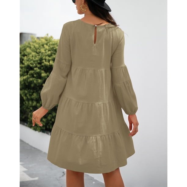 Vestido De Mujer, Vestido Midi De Poliéster Con Cuello Redondo De Color Puro Para Lavar A Máquina Para El Hogar