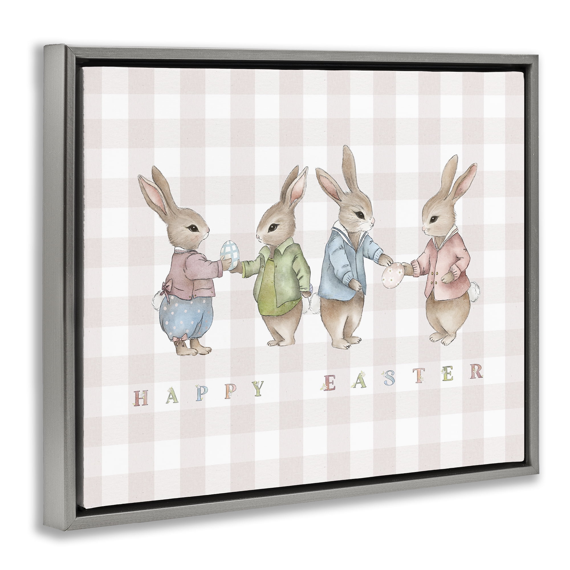 Stupell Industries Easter Bunnies Pink Gingham Gray Framed Floater Canvas Wall Art, design by Leah Straatsma