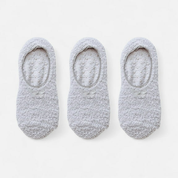Women's 3-Pack Non-Slip Plush Fuzzy Slipper Socks with Fabric Bow and Grip Bottoms - Gray