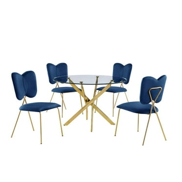 Round 45" x 45" 5pc Clear Glass Dinette Set with Navy Blue Chairs