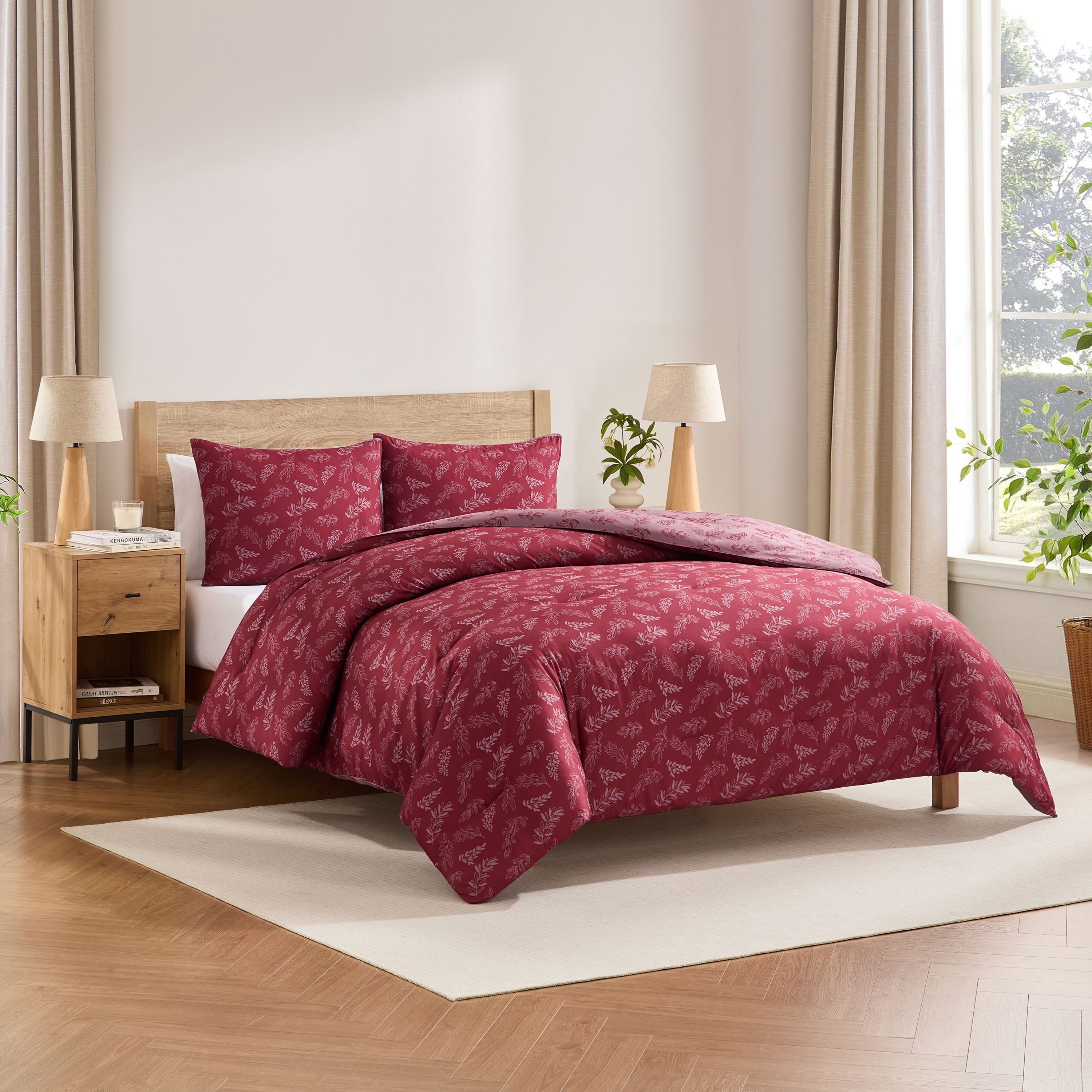 LammaLoe King Size Comforter Sets, 3 Piece Botanical Bed in a Bag, Reversible Bedding Comforter Set with Sheets, Modern Bed Set, Mulberry/Smokey Lavender