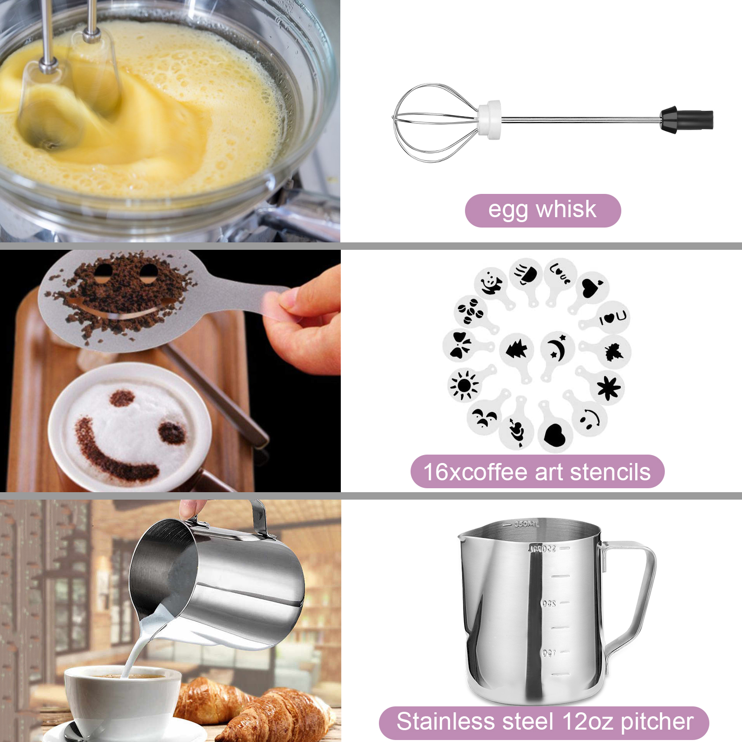 Fitnate Handheld Electric Milk Coffee Frother with Stainless Steel Whisk Black