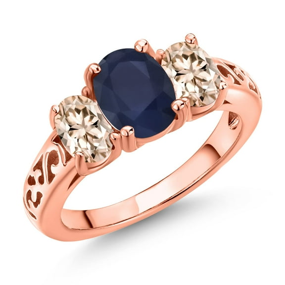 Gem Stone King 18K Rose Gold Plated Silver Blue Sapphire and Peach Morganite Filigree Style 3 Stone Ring for Women (2.80 Cttw, Oval 8X6MM and 6X4MM) (Size 8)
