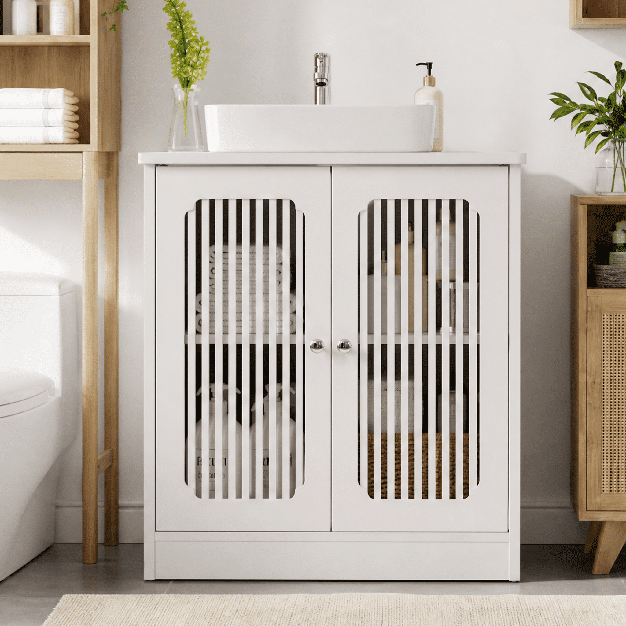 White Louvered Double Door Freestanding Bathroom Vanity Cabinet (Sink Not Included), Moisture Resistant MDF Storage Cabinet with Adjustable Internal Shelf