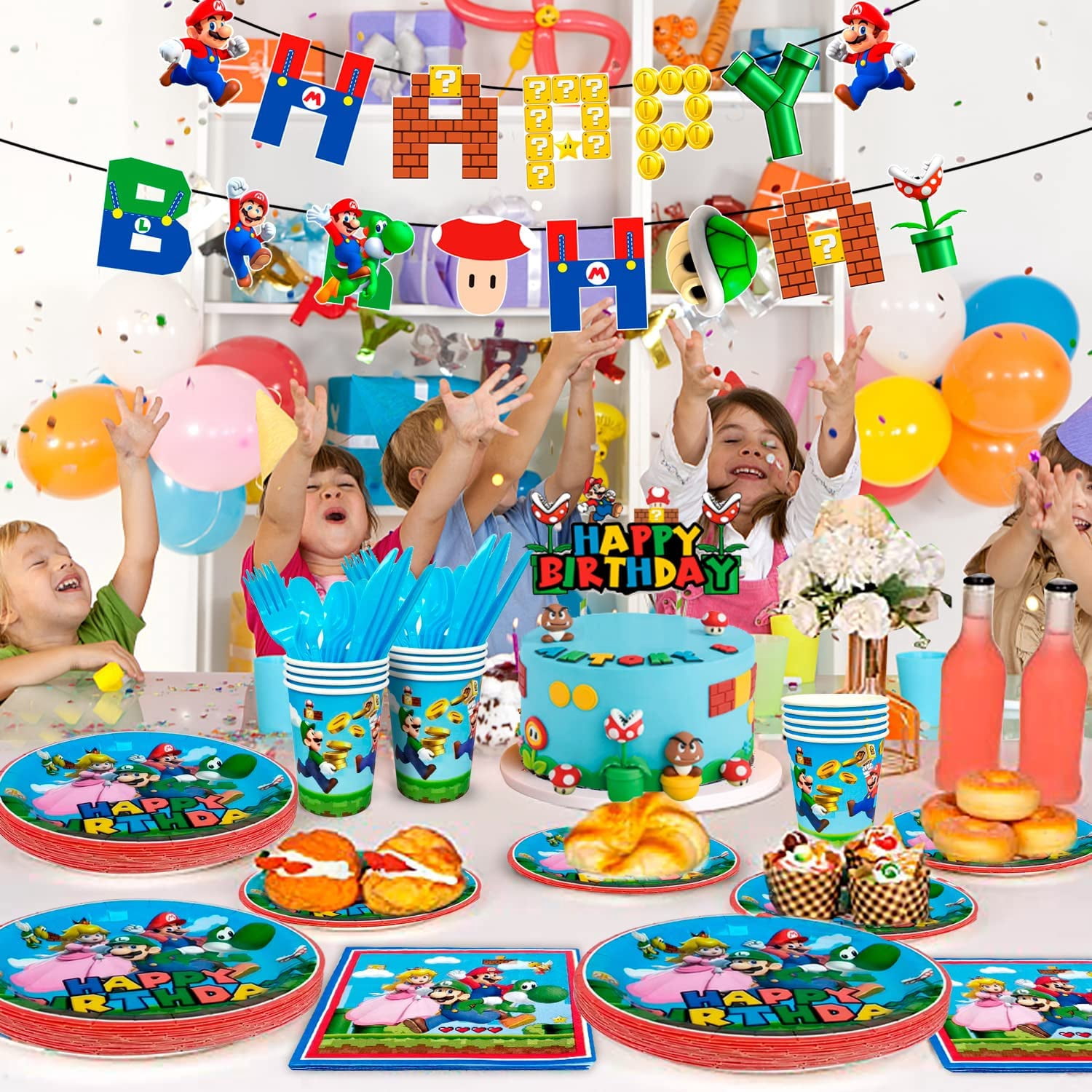 Super Mario Birthday Party Supplies-128pcs Super Mario Tableware Party Supplies Include Mario Party Plates and Napkins Cups Tablecloth&Banner for Boys/Girls Kids Mario Birthday Party Decorations