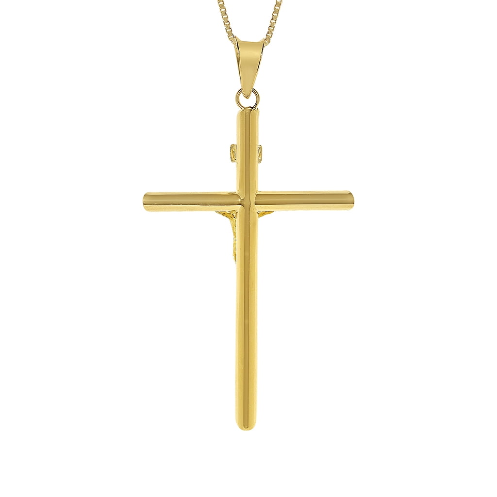 Precious Stars 14K Two-Tone Solid Gold Crucifix Religious Unisex Pendant with 22" Chain Necklace