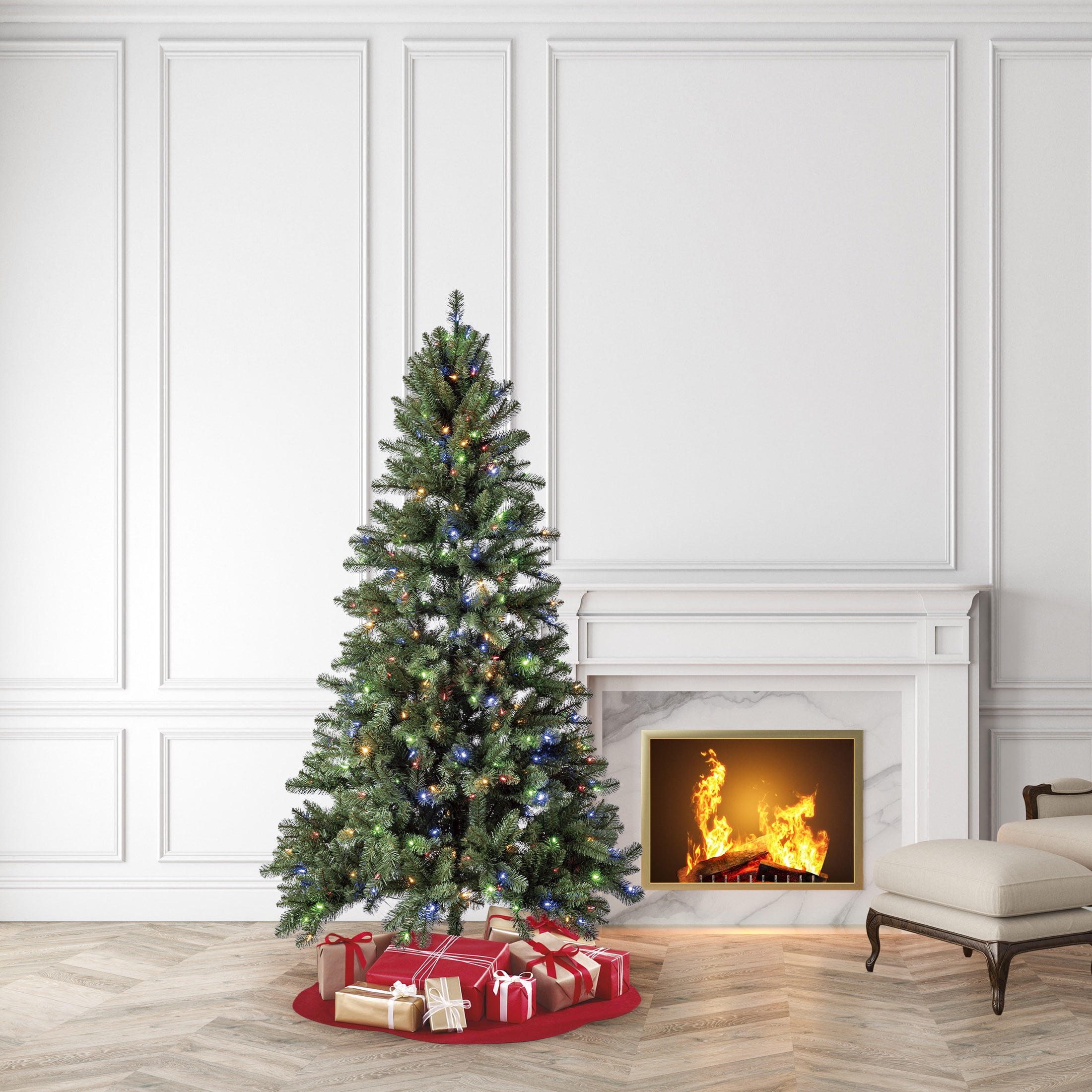 7’ Pre-Lit Duncan Fir Artificial Christmas Tree, Color-Changing LED Lights with Quick Set, by Holiday Time