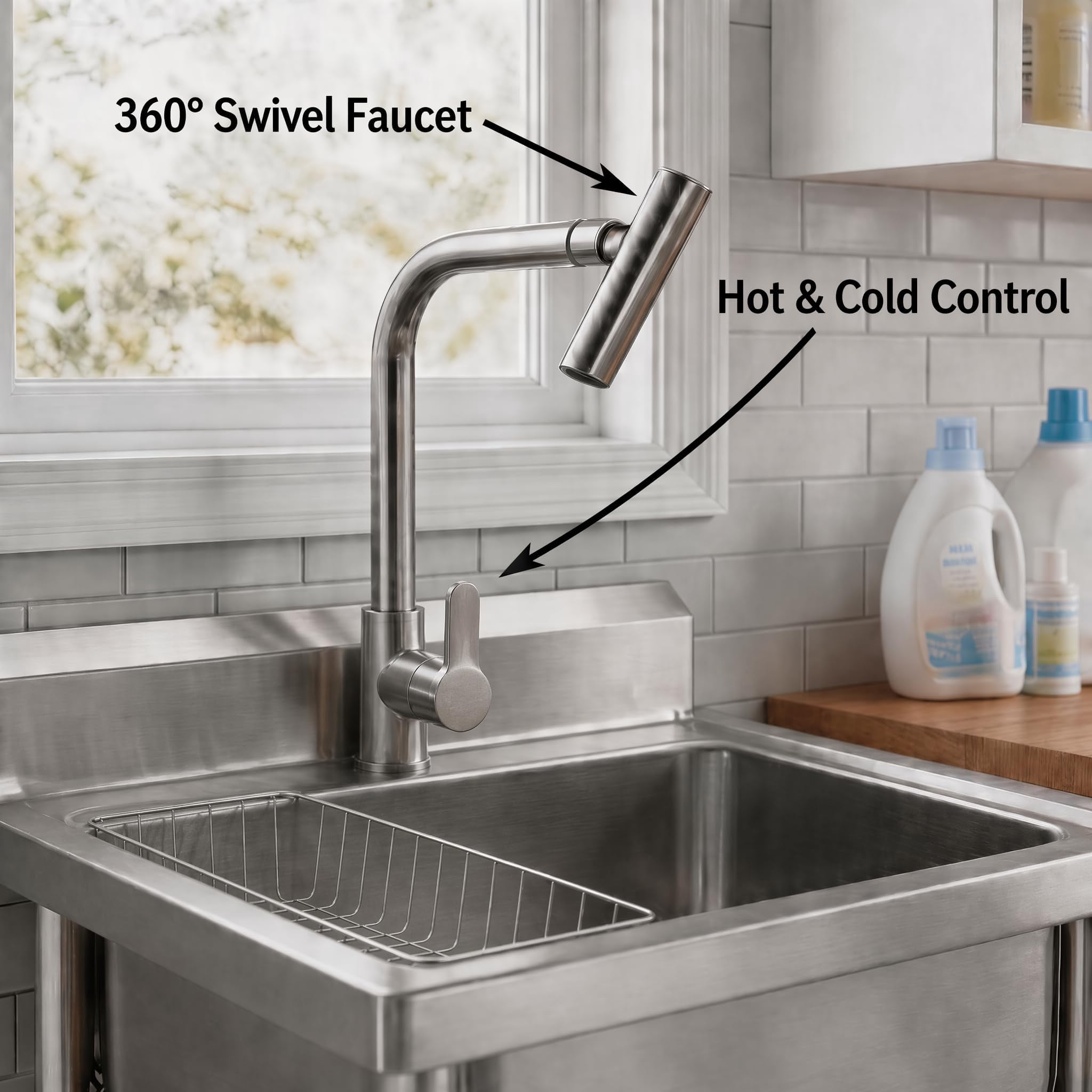 Kicctian Stainless Steel Utility Sink, 24'' × 21'' × 36'' Freestanding Stainless Steel Single Bowl Laundry Sink with T Shape Faucet for Kitchen, Bathroom, Garage or Basement