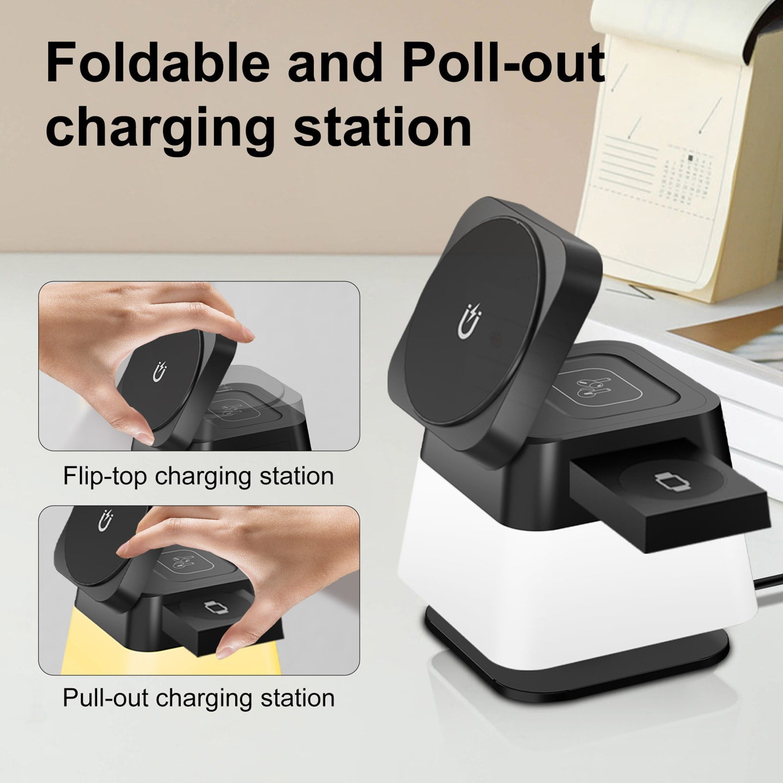 Kchsji Rotating Folding Four-in-One Desk Lamp With Wireless Charger 15W Fast Charging Magnet Adsorption Three Lighting Modes for Phone Watch Earphone Charging Home Office Study Room Bedroom Decor
