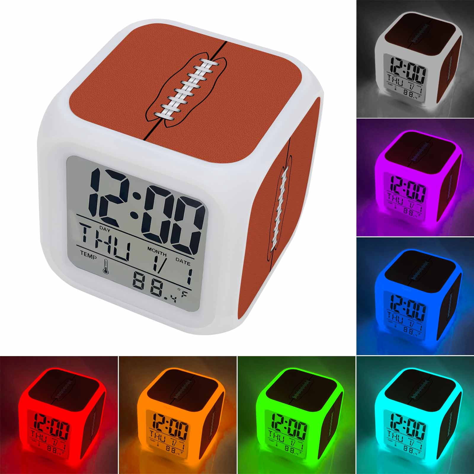 Alarm Clocks American Football Digital Clock 7 Color LED Night Light Silent Non-Ticking Battery Operated Retro Fur Texture Sports Cube Clocks Decorative for Bedroom Bedside Living Room Office School