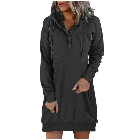 hoksml Dresses For Women 2023 And Winter Long Sleeve Dress For Women Hooded Solid Casual Dress