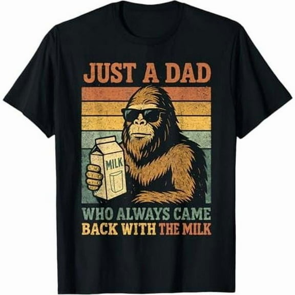 Men's Black "Just A Dad Who Always Came Back With The Milk" Bigfoot Retro Graphic Tee Plus Size S-5XL, Humorous Printed T-Shirt, Casual Oversized Top for Dads & Meme Enthusiasts