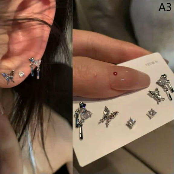 K-KED 6Pcs/set Simple Butterfly Stud Earring Set For Women Zircon Earrings Jewelry-_-A3