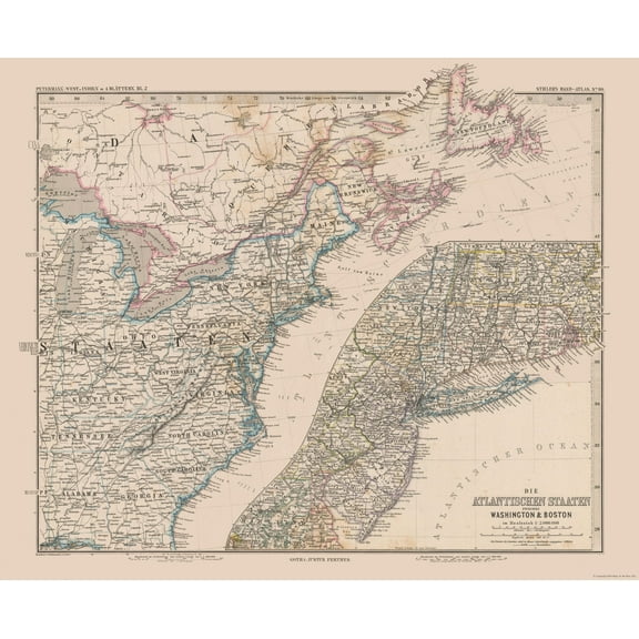 Historic Map - Eastern United States Canada - Stieler 1885 - Vintage Wall Art