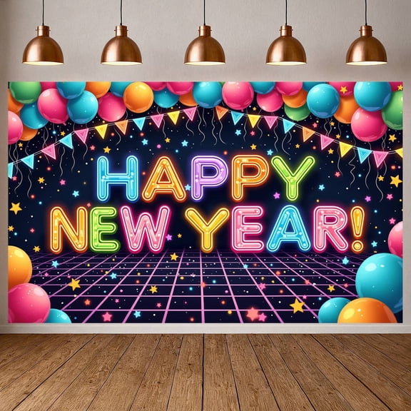 Colorful Fireworks Happy New Year Banner Golden Clock 2026 New Year Display City Glittering Numbers New Year Eve Backdrop for New Year Celebration 2026 Party Indoor Decoration