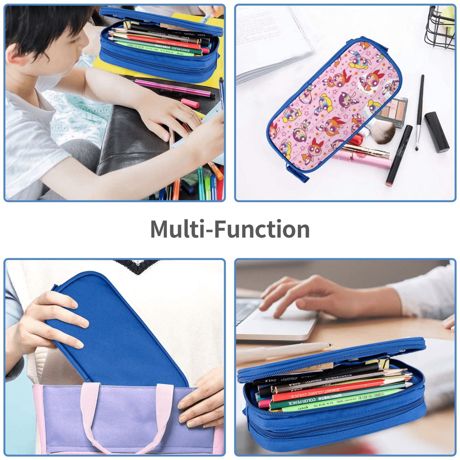 The Powerpuff Gi-rls Pencil Case Large Capacity Pencil Pouch Penbag Office Stationery Organizer Travel Makeup Bag Blue