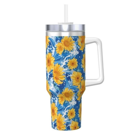 

Uemuo Ocean Wave Sunflower Print 40oz Ice Bully With Handle And Straw Stainless Steel Vacuum Insulated Cup And 2 In 1 Straw Lid Insulated Travel Tumbler
